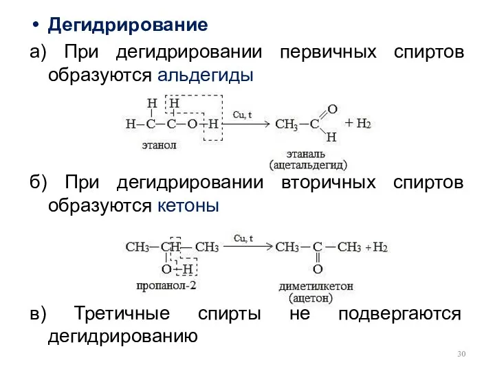 Дегидрирование а) При дегидрировании первичных спиртов образуются альдегиды б) При