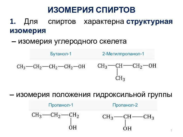 ИЗОМЕРИЯ СПИРТОВ 1. Для спиртов характерна структурная изомерия – изомерия