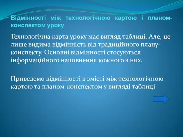 Відмінності між технологічною картою і планом-конспектом уроку Технологічна карта уроку