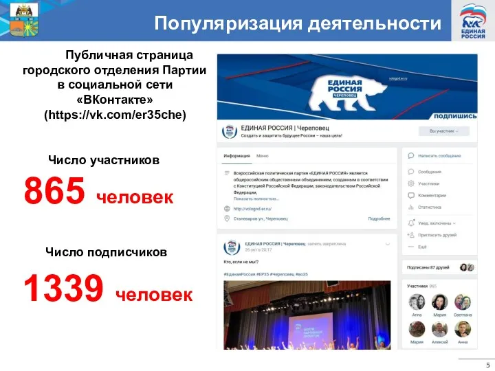 Популяризация деятельности Публичная страница городского отделения Партии в социальной сети