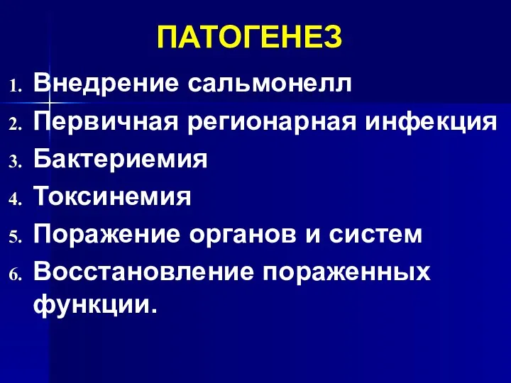 ПАТОГЕНЕЗ Внедрение сальмонелл Первичная регионарная инфекция Бактериемия Токсинемия Поражение органов и систем Восстановление пораженных функции.