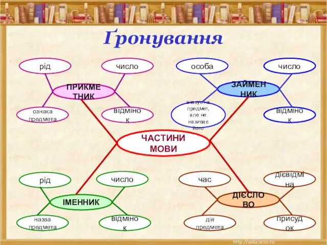 Ґронування ЧАСТИНИ МОВИ ПРИКМЕТНИК відмінок число рід ознака предмета ІМЕННИК