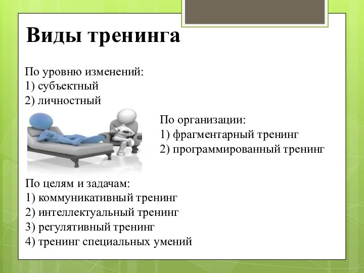 Виды тренинга По уровню изменений: 1) субъектный 2) личностный По