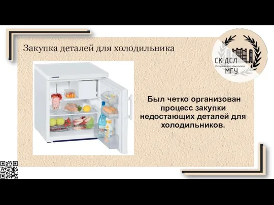 Был четко организован процесс закупки недостающих деталей для холодильников. Закупка деталей для холодильника