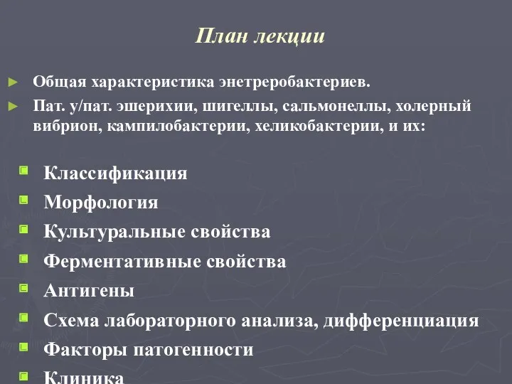 План лекции Общая характеристика энетреробактериев. Пат. у/пат. эшерихии, шигеллы, сальмонеллы,