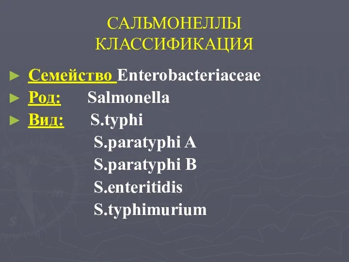 САЛЬМОНЕЛЛЫ КЛАССИФИКАЦИЯ Семейство Enterobаcteriaceae Род: Salmonella Вид: S.typhi S.paratyphi A S.paratyphi B S.enteritidis S.typhimurium