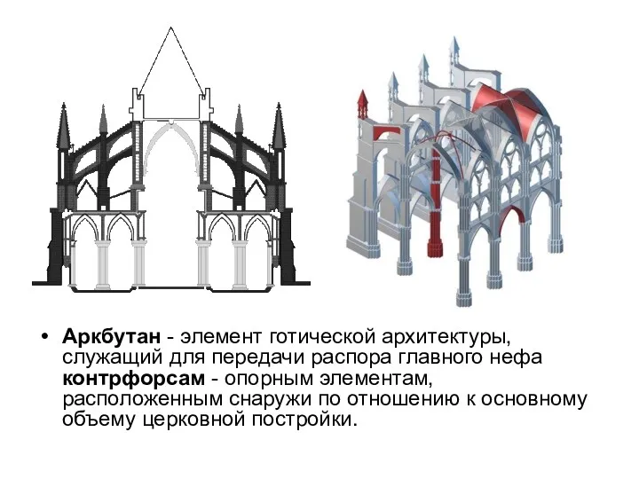 Аркбутан - элемент готической архитектуры, служащий для передачи распора главного нефа контрфорсам -