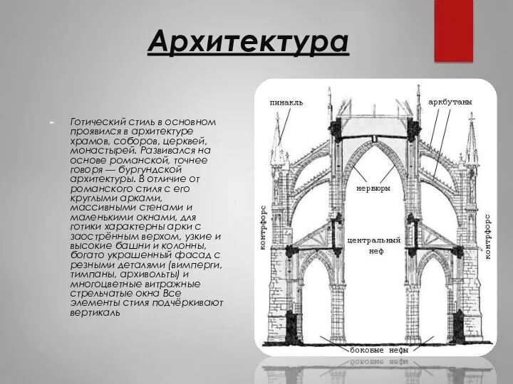 Архитектура Готический стиль в основном проявился в архитектуре храмов, соборов,