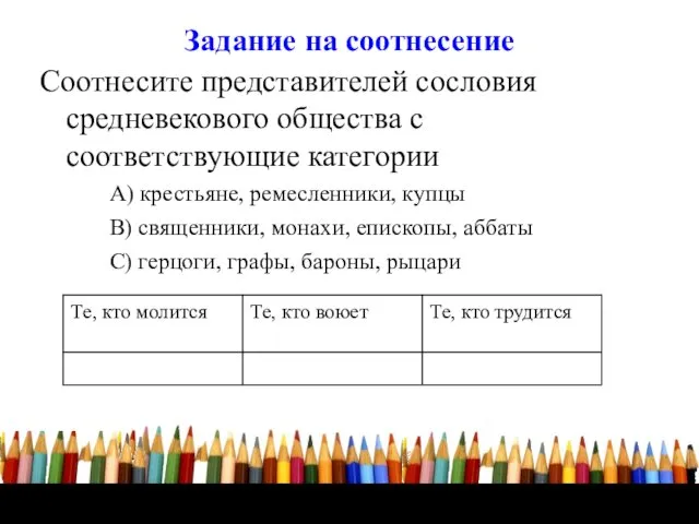 Задание на соотнесение Соотнесите представителей сословия средневекового общества c соответствующие категории А) крестьяне,