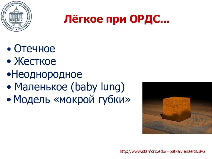 Лёгкое при ОРДС... Отечное Жесткое Неоднородное Маленькое (baby lung) Модель «мокрой губки» http://www.stanford.edu/~patkar/lenaerts.JPG