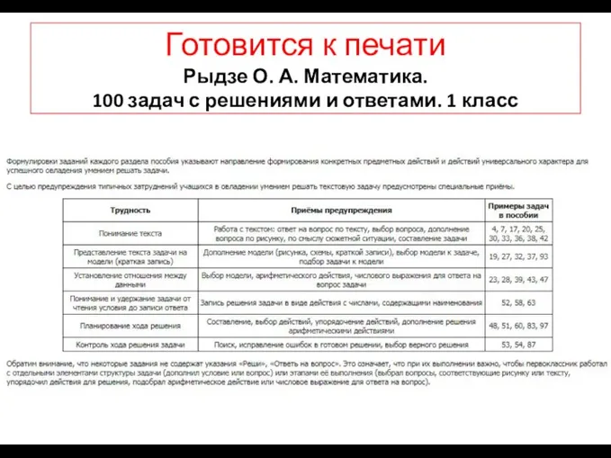 Готовится к печати Рыдзе О. А. Математика. 100 задач с решениями и ответами. 1 класс