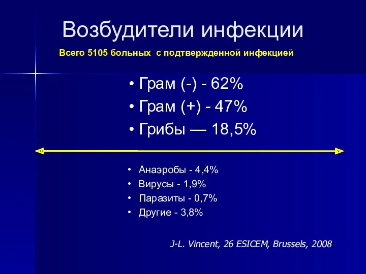 Возбудители инфекции Грам (-) - 62% Грам (+) - 47% Грибы — 18,5%