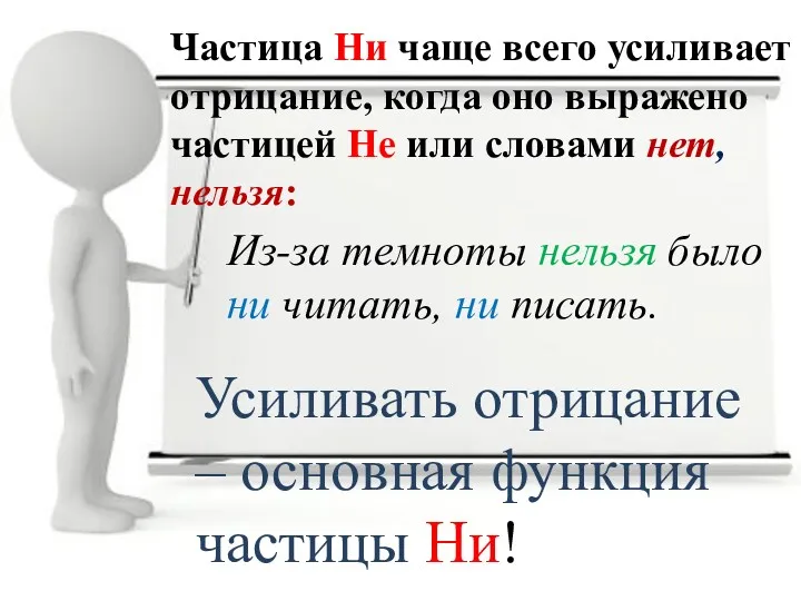 Частица Ни чаще всего усиливает отрицание, когда оно выражено частицей