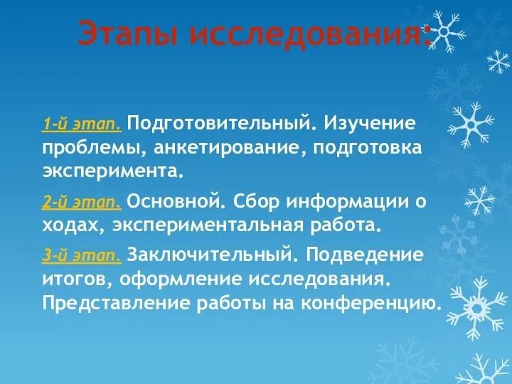 Этапы исследования: 1-й этап. Подготовительный. Изучение проблемы, анкетирование, подготовка эксперимента.