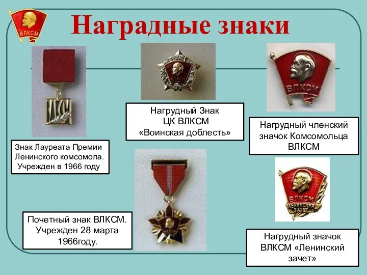 Наградные знаки Знак Лауреата Премии Ленинского комсомола. Учрежден в 1966