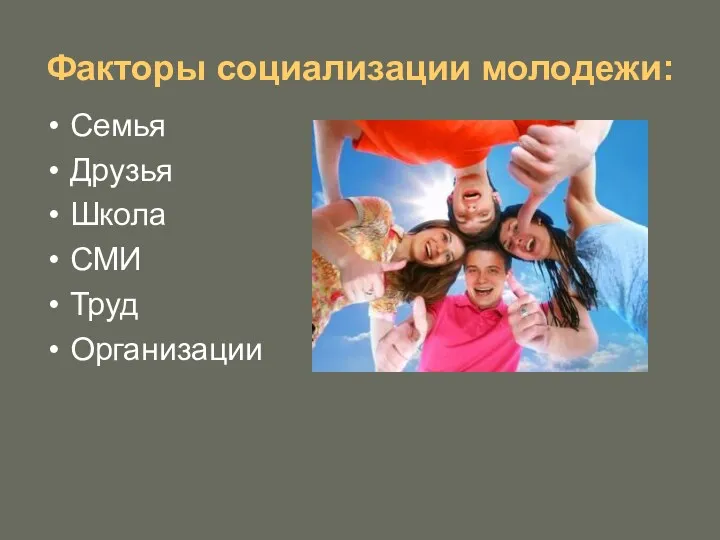 Факторы социализации молодежи: Семья Друзья Школа СМИ Труд Организации