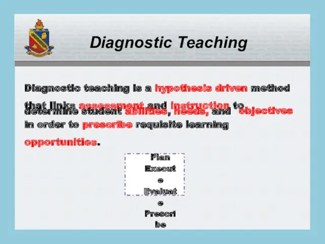 Diagnostic Teaching Diagnostic teaching is a hypothesis driven method that
