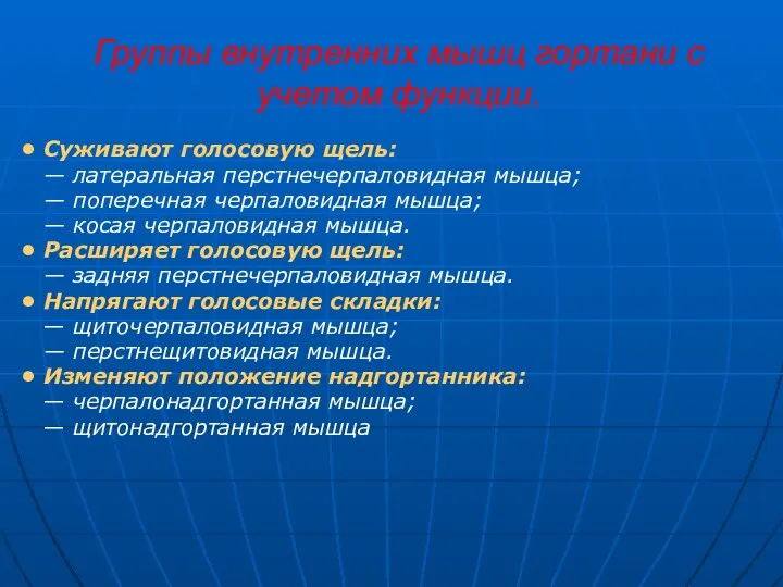 Группы внутренних мышц гортани с учетом функции. • Суживают голосовую