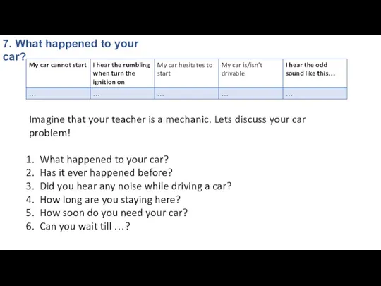 7. What happened to your car? Imagine that your teacher is a mechanic.