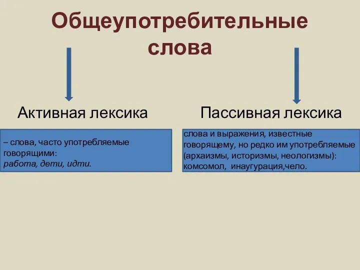 Общеупотребительные слова Активная лексика Пассивная лексика слова и выражения, известные