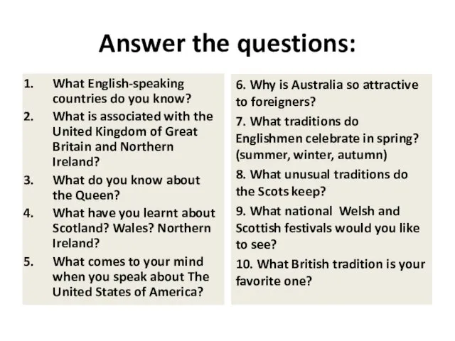 Answer the questions: What English-speaking countries do you know? What