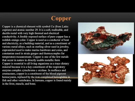 Copper Copper is a chemical element with symbol Cu (from