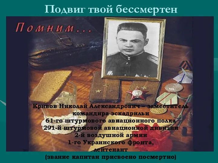 Подвиг твой бессмертен Кривов Николай Александрович – заместитель командира эскадрильи 61-го штурмового авиационного