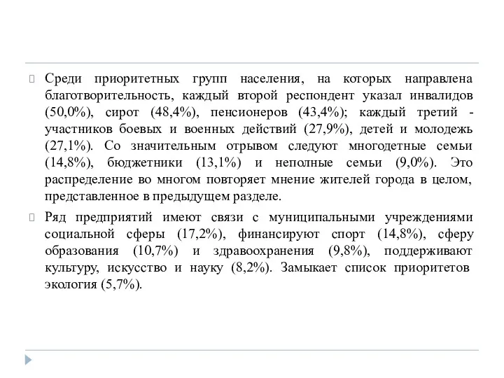 Среди приоритетных групп населения, на которых направлена благотворительность, каждый второй респондент указал инвалидов