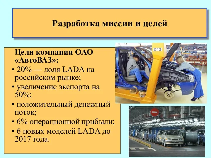 Разработка миссии и целей Цели компании ОАО «АвтоВАЗ»: 20% —