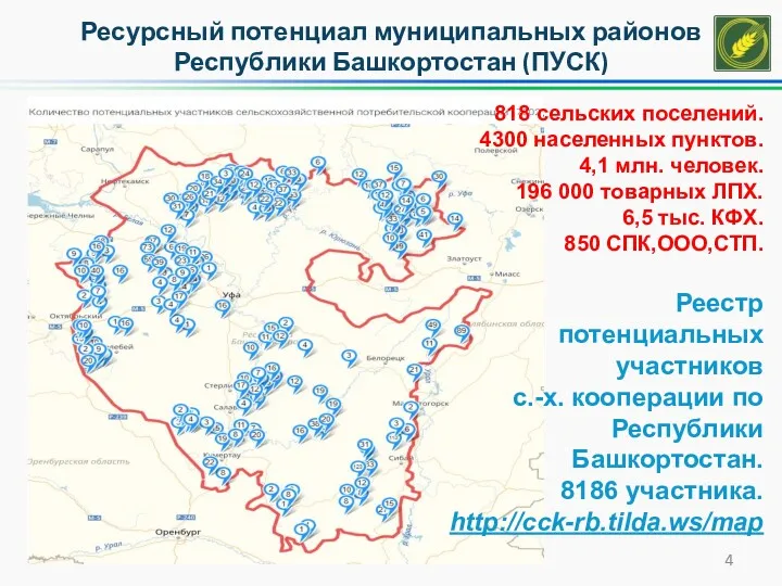 Ресурсный потенциал муниципальных районов Республики Башкортостан (ПУСК) 818 сельских поселений.