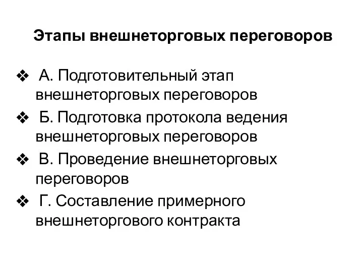 Этапы внешнеторговых переговоров А. Подготовительный этап внешнеторговых переговоров Б. Подготовка