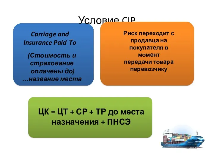 Условие CIP Carriage and Insurance Paid Тo (Стоимость и страхование