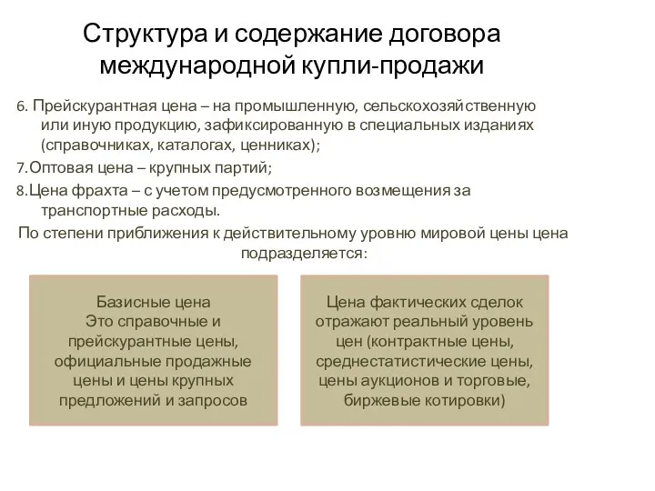 Структура и содержание договора международной купли-продажи 6. Прейскурантная цена –