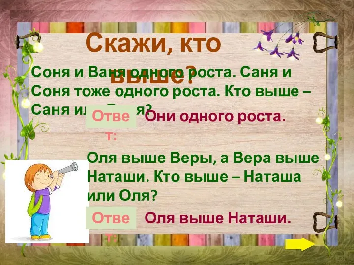 Скажи, кто выше? Соня и Ваня одного роста. Саня и