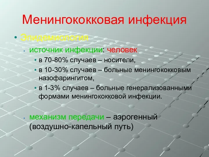 Менингококковая инфекция Эпидемиология источник инфекции: человек в 70-80% случаев –