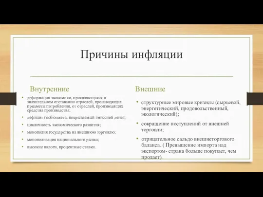 Причины инфляции Внутренние деформация экономики, проявляющаяся в значительном отставании отраслей,