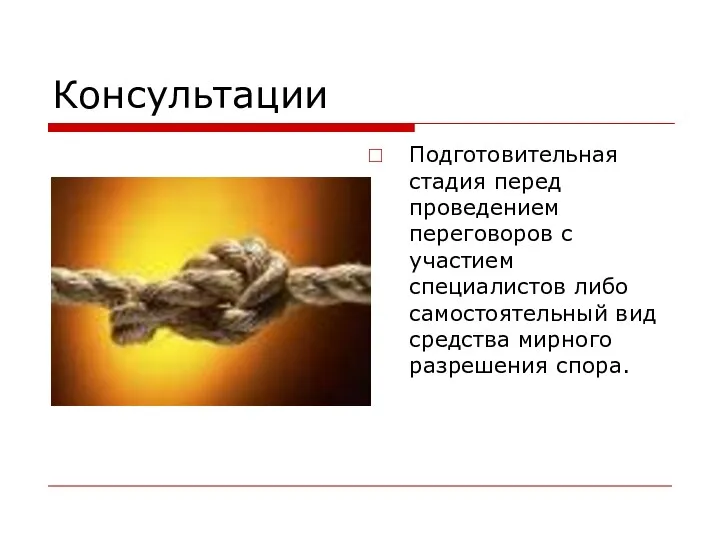 Консультации Подготовительная стадия перед проведением переговоров с участием специалистов либо самостоятельный вид средства мирного разрешения спора.