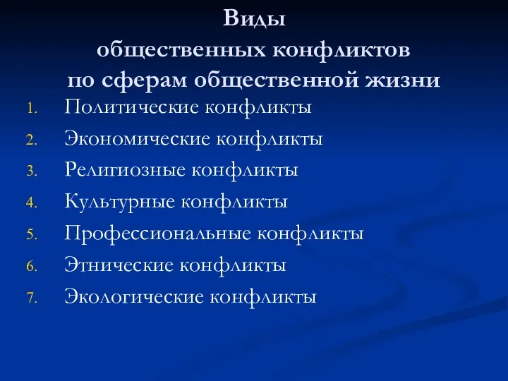 Виды общественных конфликтов по сферам общественной жизни Политические конфликты Экономические