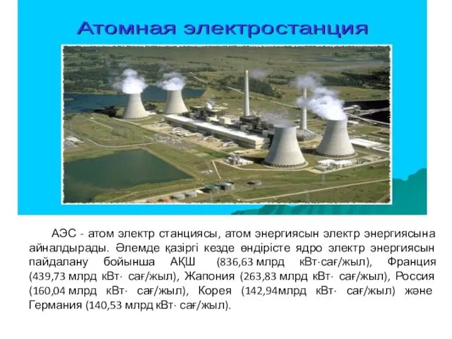 АЭС - атом электр станциясы, атом энергиясын электр энергиясына айналдырады. Әлемде қазіргі кезде