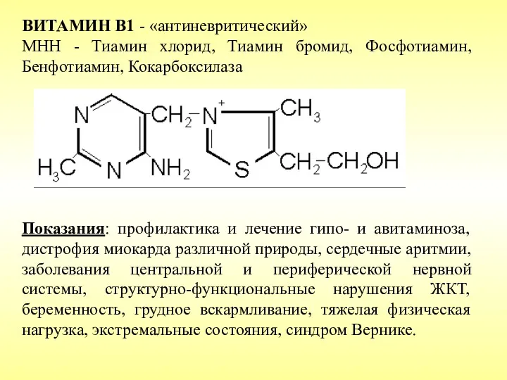 ВИТАМИН B1 - «антиневритический» МНН - Тиамин хлорид, Тиамин бромид,