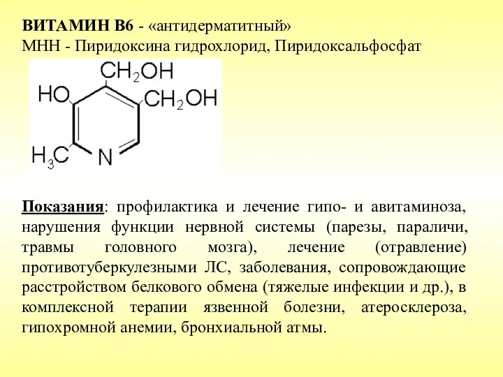 ВИТАМИН B6 - «антидерматитный» МНН - Пиридоксина гидрохлорид, Пиридоксальфосфат Показания: