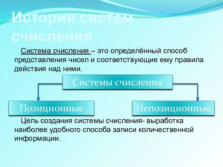 Система счисления – это определённый способ представления чисел и соответствующие