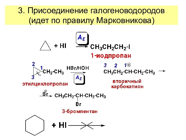 3. Присоединение галогеноводородов (идет по правилу Марковникова)