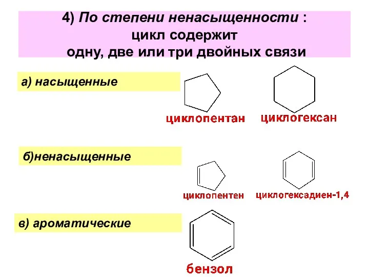 4) По степени ненасыщенности : цикл содержит одну, две или