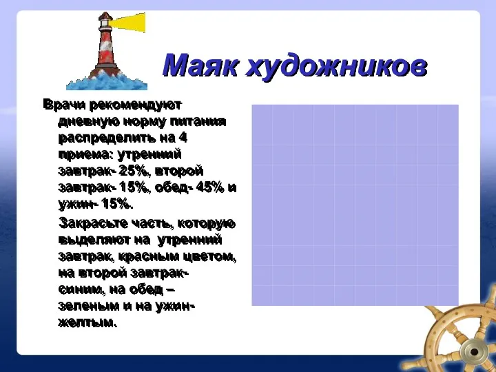 Маяк художников Врачи рекомендуют дневную норму питания распределить на 4 приема: утренний завтрак-