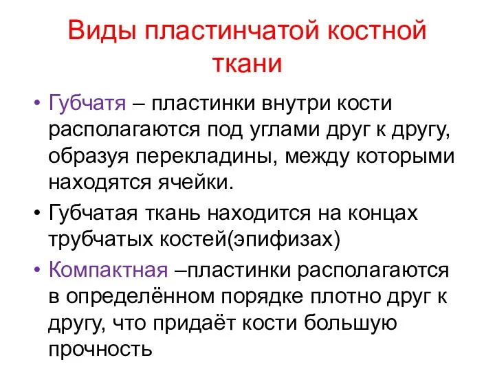 Виды пластинчатой костной ткани Губчатя – пластинки внутри кости располагаются