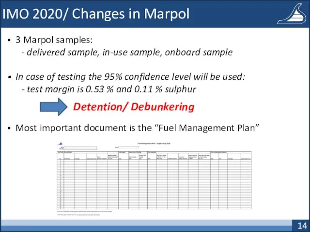 IMO 2020/ Changes in Marpol 3 Marpol samples: - delivered sample, in-use sample,