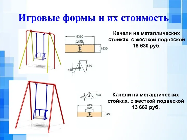 Игровые формы и их стоимость Качели на металлических стойках, с