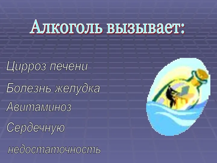 Алкоголь вызывает: Цирроз печени Болезнь желудка Авитаминоз Сердечную недостаточность