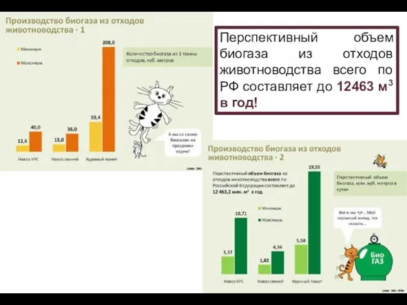 Перспективный объем биогаза из отходов животноводства всего по РФ составляет до 12463 м3 в год!